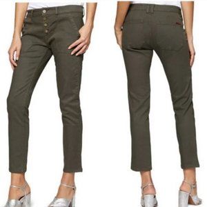 SANCTUARY button-fly olive green Peace skinnies, 30.